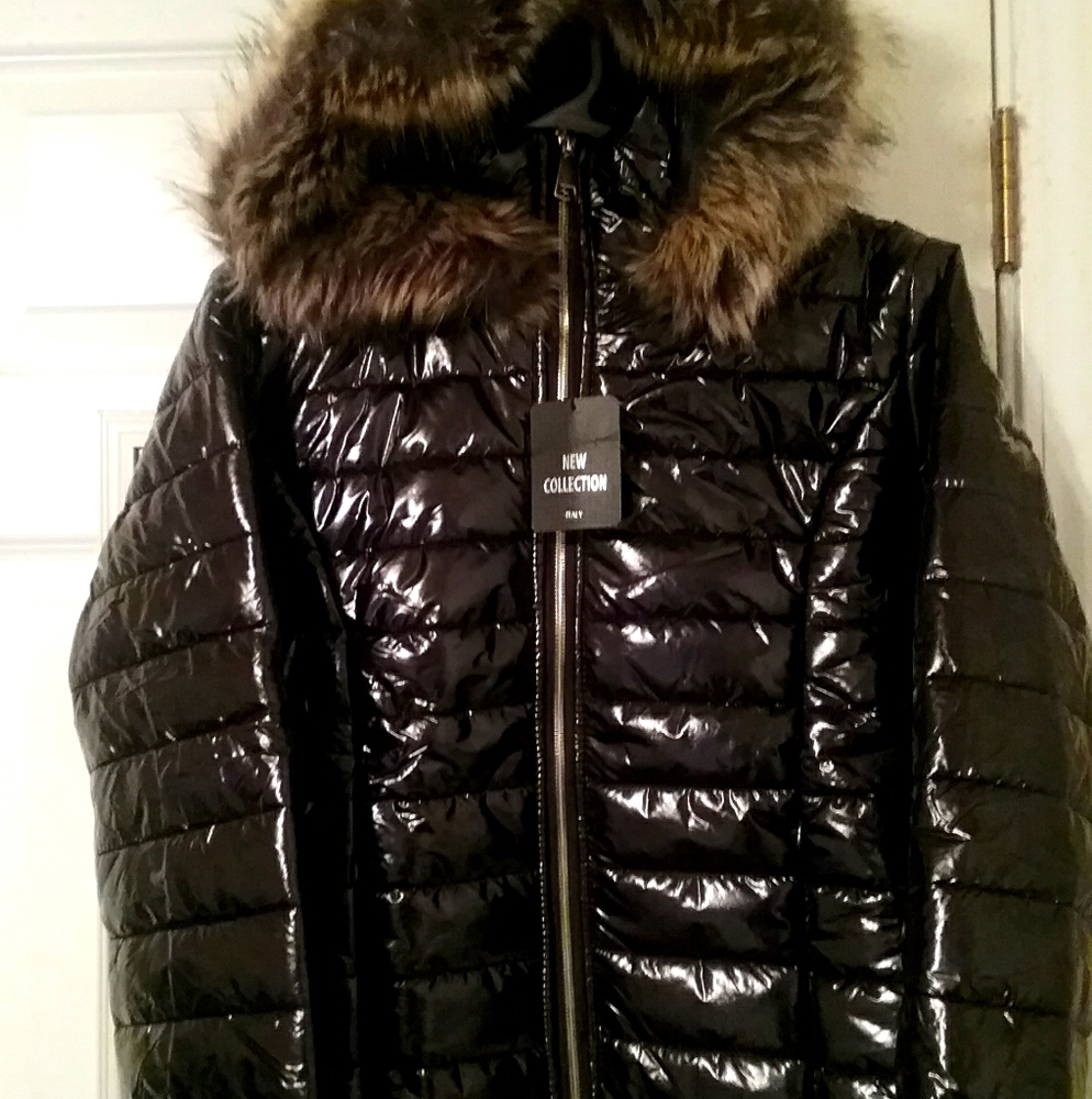 XL Black Wet look Puffer Jacket with fur hood